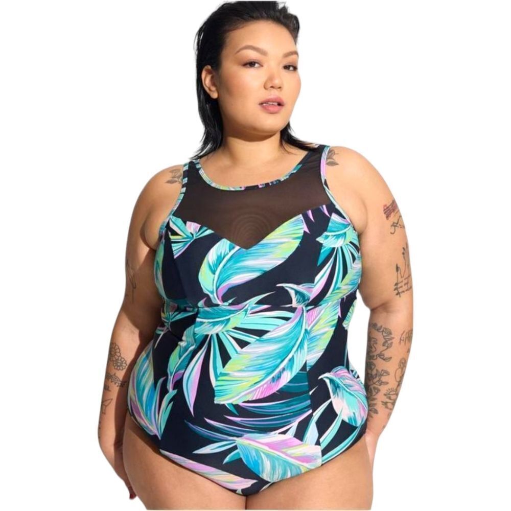 TORRID Plus Size Wireless Mesh High Neck Leaf design One Piece Swimsuit 1X